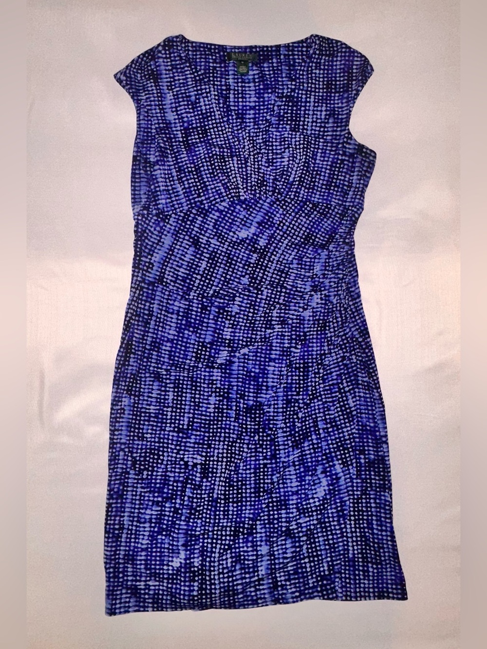 Lauren Ralph Lauren Blue and Black Patterned Cap-Sleeve V-Neck Midi Dress